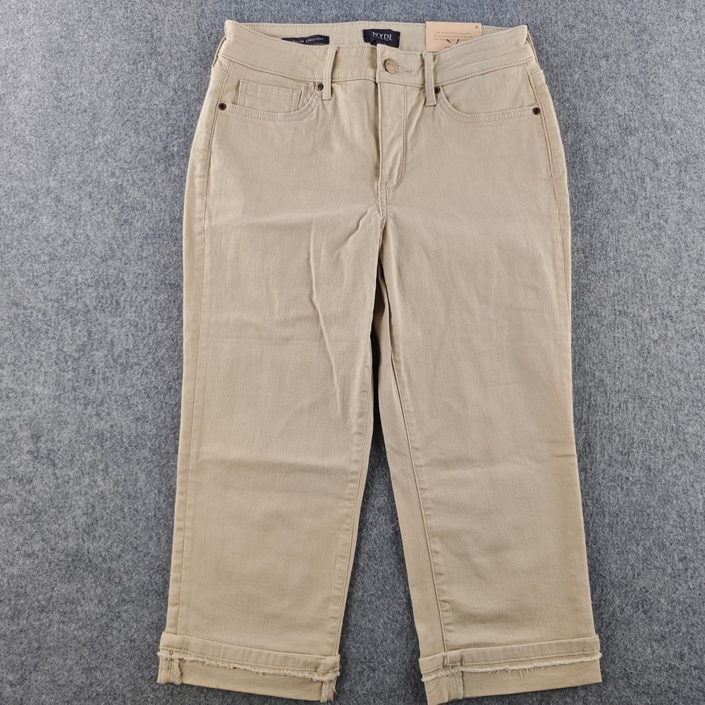 NYDJ Marilyn Crop Fray Cuff Jeans Womens 6 Feather Tan Stretch MFOZCR2916 NWT
